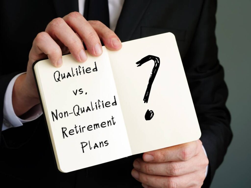 An open notebook reading "Qualified vs. Non-Qualified Retirement Plans?" with a large question mark.