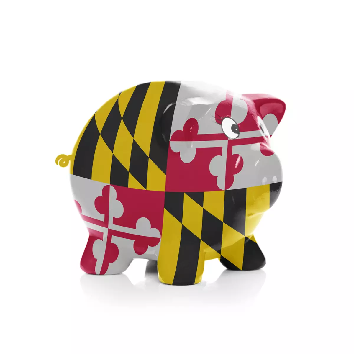 A piggybank with an all over Maryland state flag design.