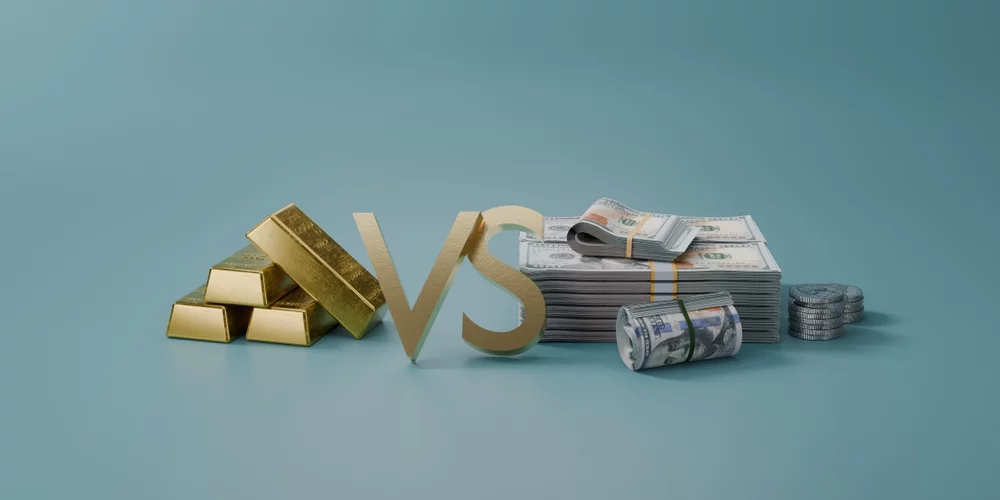 Annuity vs. pension concept showing gold bars versus cash to represent retirement income choices